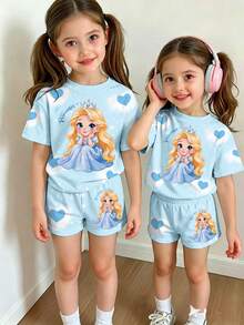 SHEIN Conjunto de 2 piezas de camiseta de manga corta casual y cómoda con estampado de corazón para niñas jóvenes, moda creativa para verano & otoño, uso diario - Multicolor - Ver 3
