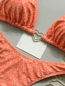 Swim Vcay 2026 Spring/Summer Orange Small Ditsy Floral Spaghetti Strap Halter Neck Tie Side High Cut Tie String Thong Bikini Sexy 2-Piece Set For Women Vacation - Multicolor - View 5