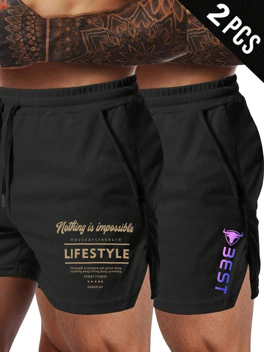 GymBeat Men's Workout Shorts Black Fabric Short Length With Letter Graphics Two Pieces, Gym - Black - View 1