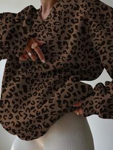INAWLY Women's Casual Leopard Print Dropped Shoulder Loose Fit Sweatshirt, Autumn/Winter - Chocolate Brown - View 6