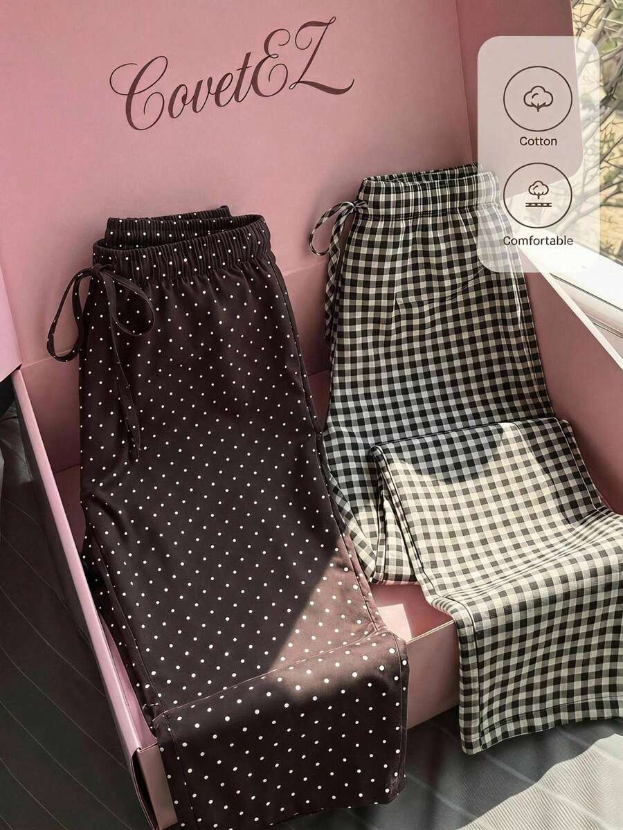 CovetEZ Women's Elastic Waist Drawstring Casual Straight-Style Long Pants Lounge Brown Polka Dot Black And White Autumn - Multicolor - View 1