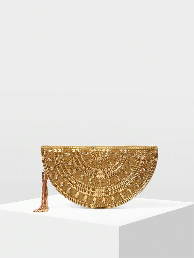 MOTF HANDMADE BEADED & RHINESTONE EMBELLISHED TASSEL EVENING BAG, BEADED BAG - Gold - View 6