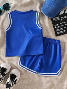SHEIN 2pcs/Set Baby Boy Spring/Summer Street Style Sports Birdseye Fabric English Letter & Number Digital Print Round Neck Sleeveless Tank Top & Elastic Waist Shorts, Suitable For Baby Boy Fashion Outfits, Outdoor Sports, Photography, Etc. - Blue - View 2