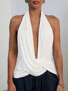 Hauture Women's Sexy Backless Asymmetrical Design Sleeveless Halter Top - White - View 4