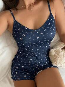 DAZY 甜美碎花貼身無袖背心上衣 & 短版睡褲 2件組 夏季女款睡衣套裝 - 藏蓝色 - 查看 4