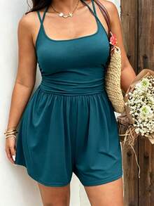 Sunnyshic Casual Elegant Lace-Up Strap Versatile Minimalist French Style Sleeveless Shorts Skirt Romper Summer Black Plus Size Women's Jumpsuit - Teal Blue - View 3
