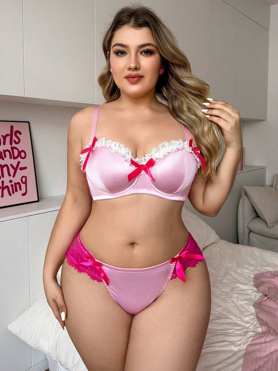 PetitDoll 2 piezas Conjunto de Lencería de Encaje y Volantes de Satén Rosa, Lencería Talla Grande - Rosa - Ver 1