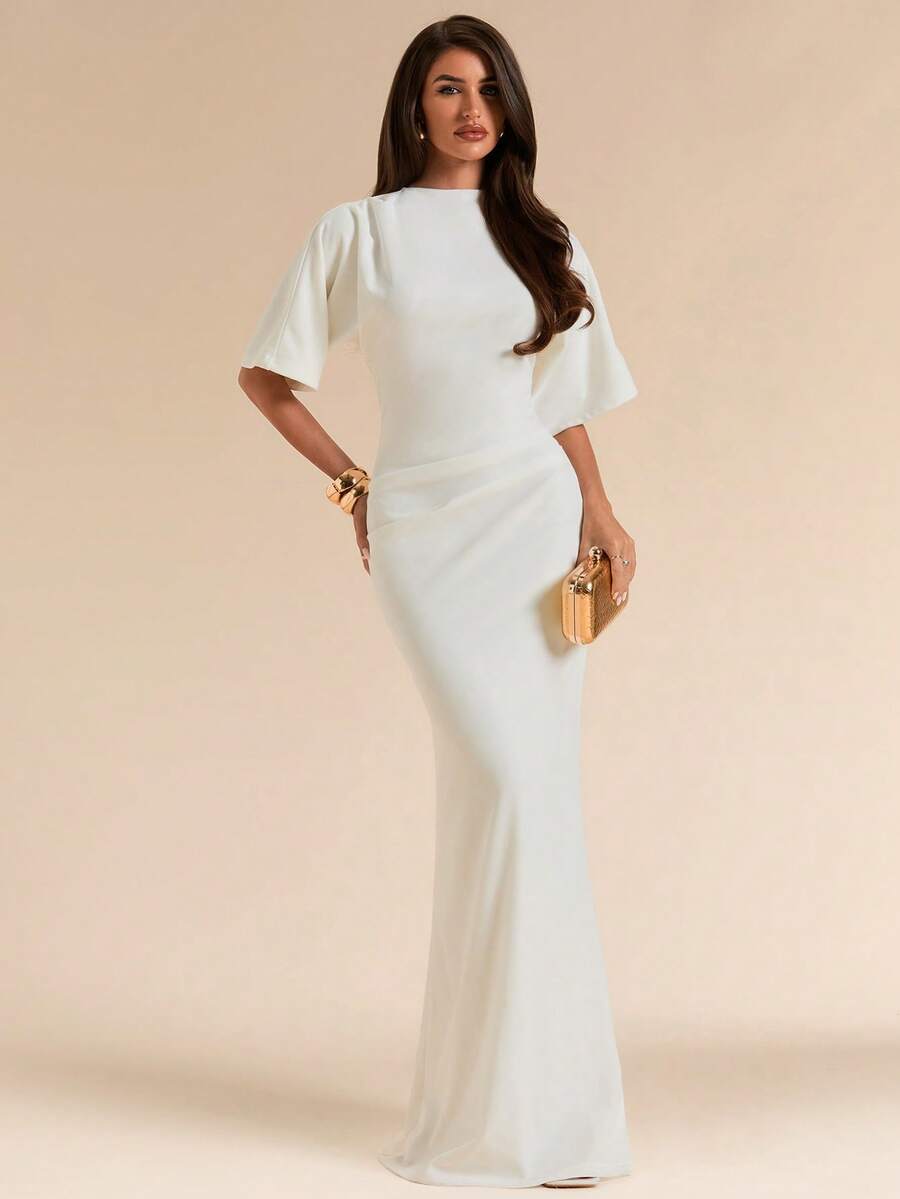 SHEIN BAE Spring/Summer Solid White Short Sleeve Fitted Pleated Elegant Dress For Women - White - View 1
