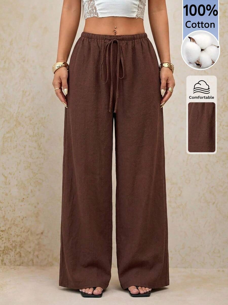 SHEIN PETITE 女款濃縮咖啡棕秋季休閒度假長褲,優雅寬腿直筒鬆弛長褲,復古Y2K街頭風,老錢風居家休閒褲 - 咖啡棕 - 查看 1