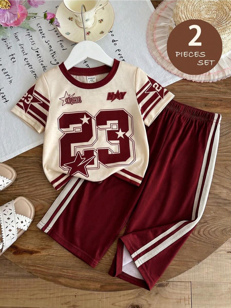 SHEIN Baby Girl Knit Letter & Number Pattern Casual T-Shirt And Long Pants 2 Pieces Set - Multicolor - View 1