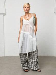 COUREZ Semi-Transparent Mid-Length Ruffle Strap Loose Dress/Y2K Autumn Women's Casual Set Autumn Loose Dress Outing Set Holiday Set Autumn Dress - Pearl White - View 1