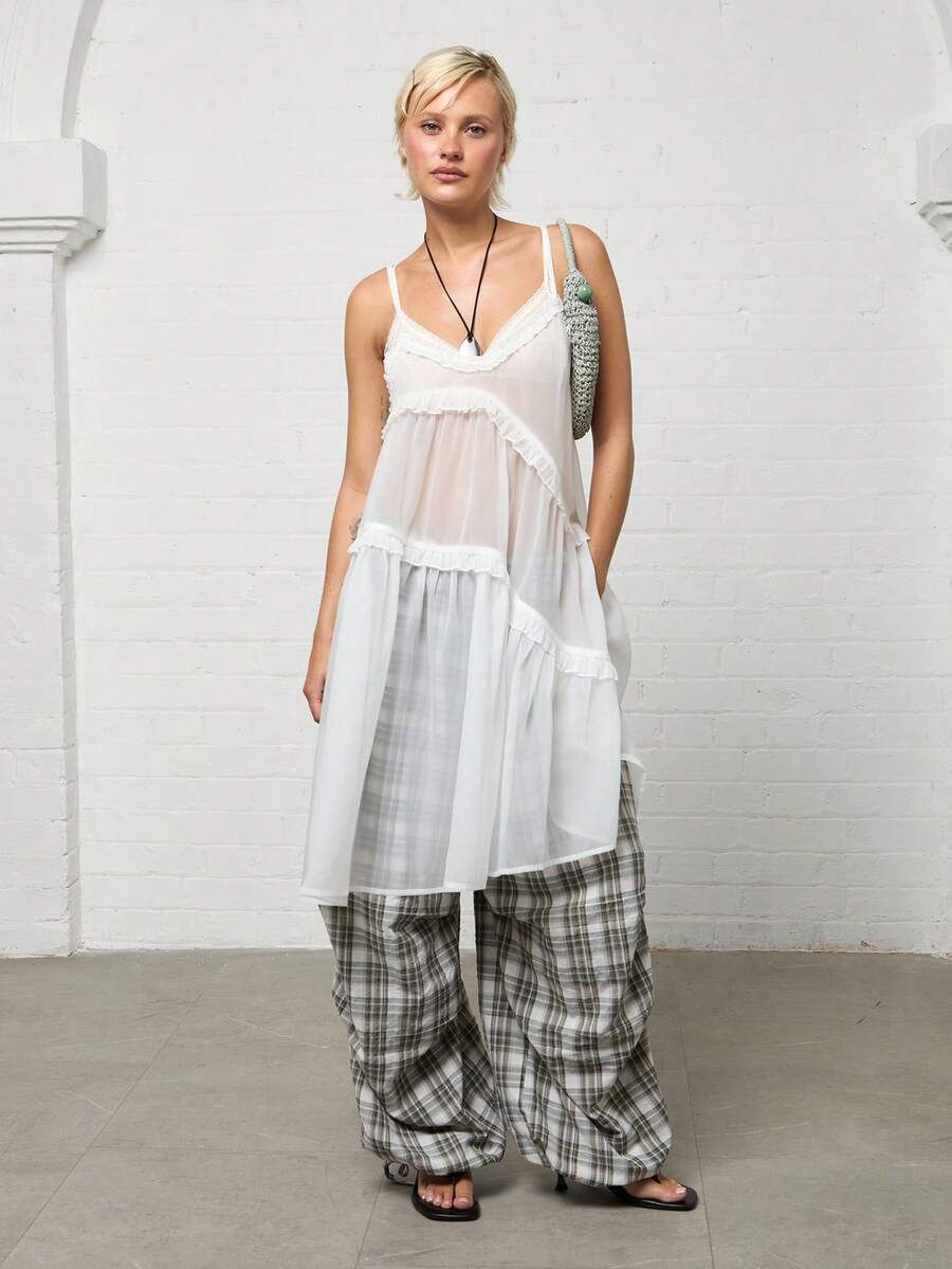 COUREZ Semi-Transparent Mid-Length Ruffle Strap Loose Dress/Y2K Autumn Women's Casual Set Autumn Loose Dress Outing Set Holiday Set Autumn Dress - Pearl White - View 1