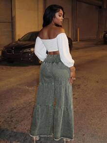 SHEIN SXY Women's Loose Boyfriend Style Distressed Hem Patchwork Denim Jeans - Army Green - View 8