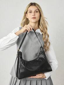 MOTF LADIES SHOULDER BAG, EXQUISITE RETRO WOVEN EMBOSSED PU SHOULDER BAG. - Black - View 9