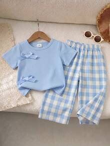 SHEIN Playful Pals 女婴蝴蝶结装饰圆领短袖T恤和格子裤休闲套装 - 淺藍色 - 查看 1