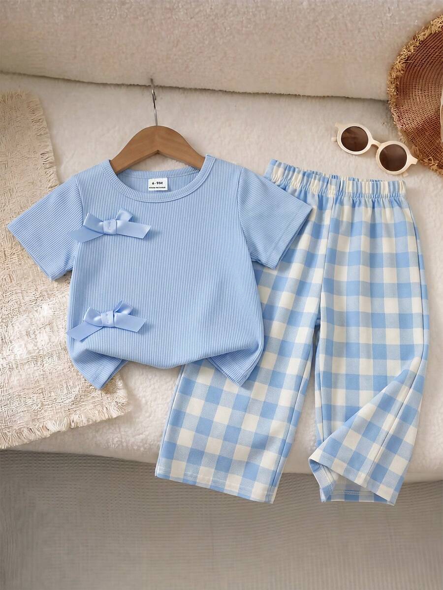 SHEIN Playful Pals 女婴蝴蝶结装饰圆领短袖T恤和格子裤休闲套装 - 淺藍色 - 查看 1