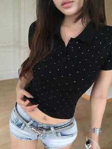 DAZY 春夏亮片黑色圓領基本款音樂節情人節婚禮休閒街頭戶外度假海灘優雅通勤短袖女款T恤 - 黑色 - 查看 14