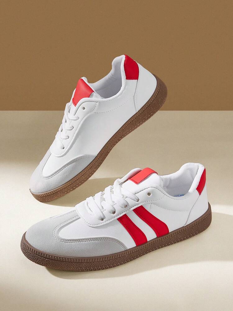 CUCCOO EASI Women's Lace-Up Contrast Color Round Head Flat Bottom Casual Sneakers Casual Style PU Leather Gray White Red Contrast Color Casual Sneakers Daily, Out