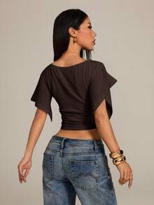 SHEIN PETITE Apricot Knit Batwing Short Sleeve Cropped T-Shirt For Women - Brown - View 2