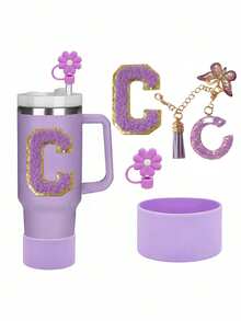 A-C 6-One Piece Cup Accessory Set, Excluding Cups And Straws (30- 40 Ounces)-Accessory Set Includes: 1 Straw Top, 1 Letter Amulet, 1 Silicone Cup Protective Base, And 1 Cup Letter Sticker, Perfect As A Daily Or Holiday Surprise Gift. - Flash Purple - View 8