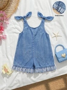 SHEIN Jumpsuit Overall Denim Biru Longgar dengan Bordir Bunga Lembut dan Hem Berumbai untuk Musim Panas Anak Perempuan, Cocok untuk Pakaian Kembali ke Sekolah Anak Perempuan - Light Wash - View 2