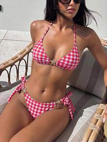Swim Mod Sweet And Sexy Tropical White Plaid Halter Neck Tie Backless Bikini Swimwear Set For Women, Starfish Embellished Bikini Two-Piece Set Holiday Beach - Multicolor - View 6