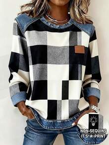 EMERY ROSE Plus Size Colorblock Plaid Round Neck Long Sleeve T-Shirt Fall - Multicolor - View 1