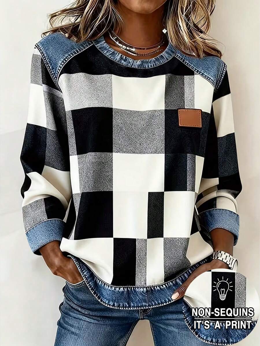 EMERY ROSE Plus Size Colorblock Plaid Round Neck Long Sleeve T-Shirt Fall - Multicolor - View 1