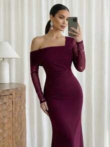 Modelyn Women's Fashion Oblique Shoulder Formal Evening Mermaid Dress Women's Formal Evening Dress Gown (Heavy Embroidery) Women Rhinestone Embellished Sheer Black Long Evening Gown, Wedding Guest Dress, Elegant Evening Dress, Prom Dress, For Wedding Dress Waist And Chest Slimming, Party Dress, Formal Dress Purple Women Evening Dress Off Shoulder Formal Dress Plum Dress Long Sleeve Formal Dress Sexy Elegant Dress - Red Violet - View 3