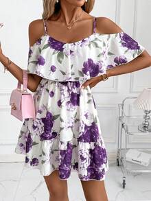 SHEIN Clasi Gaun Cami Wanita Motif Bunga dengan Hem Berkerut untuk Kencan dan Liburan - Purple - View 5