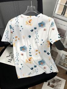 SHEIN LUNE 女士圆领串珠链条设计短袖休闲T恤，夏季 - 白色 - 查看 2
