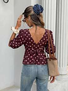 SHEIN Frenchy Women's Back Lace-Up Open Back Puff Sleeve Brown And Pink Polka Dot Blouse Summer Vintage French Elegant Vacation - Brown - View 4