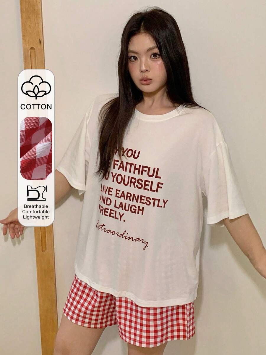 Dazy Plus 大码女式字母印花宽松短袖上衣和格子短裤休闲睡衣套装,春夏款 - 白色 - 查看 1