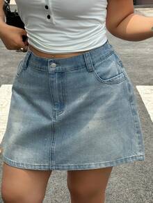 Dazy Plus Light Wash Distressed Denim Mini A-Line Skirt With Rhinestone Decor, Plus Size, Spring/Summer - Light Wash - View 6