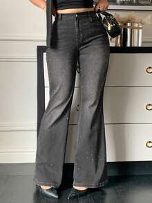 Dazy Plus Plus Size Washed Black Distressed Elastic Fitted Sequin Decor Flare Leg Jeans - Grey - View 4