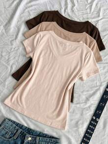SHEIN EZwear 3件組女款夏季V領修身T恤，龐克次文化動漫純色基本款V領短袖修身T恤 - 彩色 - 查看 2