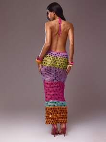 MUSERA Gaun Maxi Tanpa Lengan Model Halterneck Racerback Rajutan Terbuka dengan Payet dan Punggung Terbuka, Cocok untuk Liburan Musim Semi dan Musim Panas di Pantai, Ibiza, dan Festival, Warna Cerah - MultiWarna - View 4