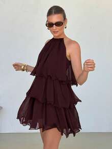 Lavishia Women's Ruffle Hem A-Line Mini Dress, Elegant Sexy For Vacation And Party Night Out Night Out Burgundy Summer - Coffee Brown - View 4