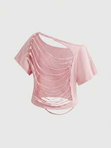 ROMWE Grunge Punk Camiseta casual versátil de unicolor con un hombro, espalda descubierta y efecto desgastado para uso diario y salidas de mujer - Rosa - Ver 2