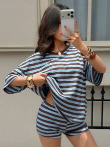 Siren Gaze Women's Round Neck Striped Colorblock Short Sleeve Top And Shorts Casual Daily Set - Brown - View 5