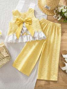 Emery Rose Kids Emery Rose Kids 少女格紋蝴蝶結裝飾上衣與長褲休閒日常套裝 - 黃色 - 查看 3