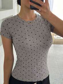 DAZY Women's Round Neck Short Sleeve Fitted Polka Dot Undershirt - Grey - View 2