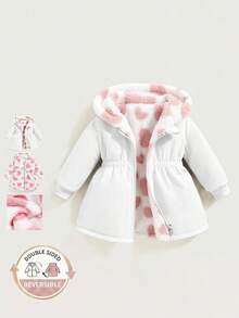 SHEIN Playful Pals 2件組可翻面女嬰幼童秋冬百搭萬能休閒加厚愛心絨毛法蘭絨收腰長版大衣保暖外套 - 白色 - 查看 1
