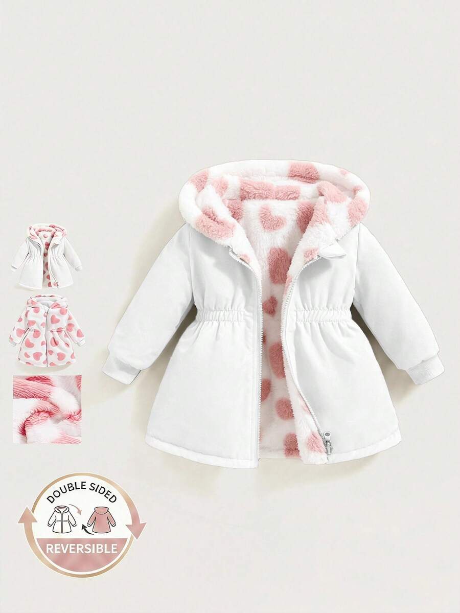 SHEIN Playful Pals 2件組可翻面女嬰幼童秋冬百搭萬能休閒加厚愛心絨毛法蘭絨收腰長版大衣保暖外套 - 白色 - 查看 1
