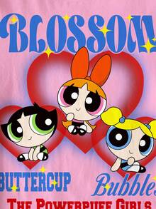 THE POWERPUFF GIRLS X SHEIN 少女百搭圆领短袖T恤 - - 白色 - 查看 5