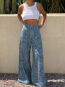 Livesso Summer Floral Print All-Over Print Casual Sexy Boho Loose Straight Leg Long Pants Women's Jeans Vacation White Swimming - Blue - View 2