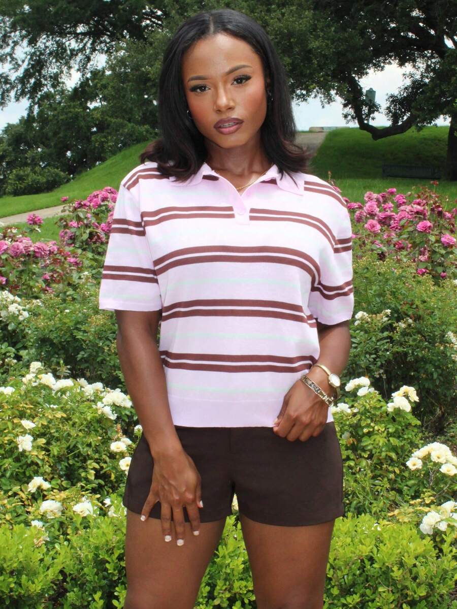 Steph T Women's Casual Striped Polo Collar Short Sleeve Casual Knit Top,Going Out Tops For Women Tops Cute Preppy Tops Cute Short Sleeve Top Summer - Multicolor - View 1