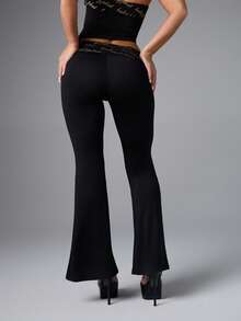 BABYPHAT Fold Over Printed Waist Flare Leggings With Logo Script Detail And Side Tie Strings - Black - View 5