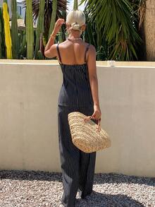 Livesso Summer Black And White Striped Pinstripe Camisole Top Straight Leg Casual Pants Set, Loose Business Casual, Commute Women's 2-Piece Outfit Vacation - Dark Wash - View 5