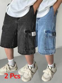 SHEIN 兒童 2件組 青少年男孩灰色藍色牛仔風寬鬆丹寧短褲 開學季夏季街頭穿搭 - 彩色 - 查看 1
